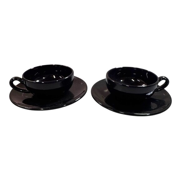 2 Sets Espresso Cups Saucers Waechtersbach Germany Black Glossy Ceramic Vintage - Picture 1 of 8